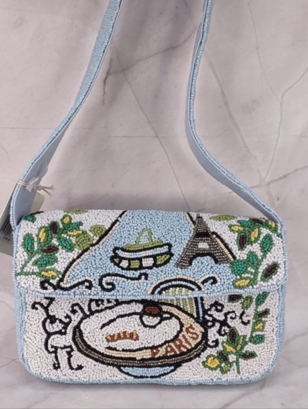Viral Paris Café Beaded Shoulder Bag - Light Blue